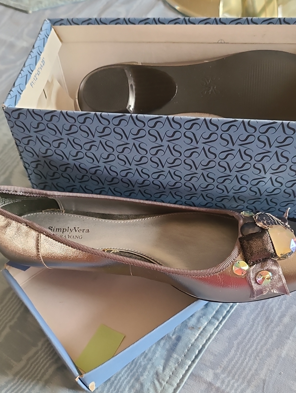 Simply Vera Vera Wang Metallic Bronze Leather Ballet Flats with Jewel Bow